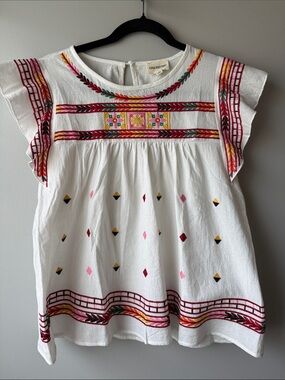 Embroidered White Cotton Poly Peasant Blouse with Multicolor Accents small